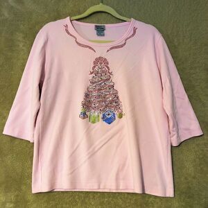 Isaacs Designs Beaded Christmas Tree Knit Top TShirt Pink 3/4 Sleeves Size XL